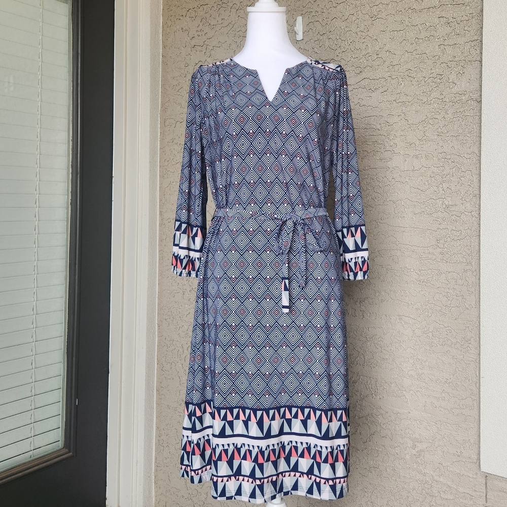 Luxology Geometric Pattern Dress Tie Waist 3/4 Elastic Cuff Sleeves Size 8